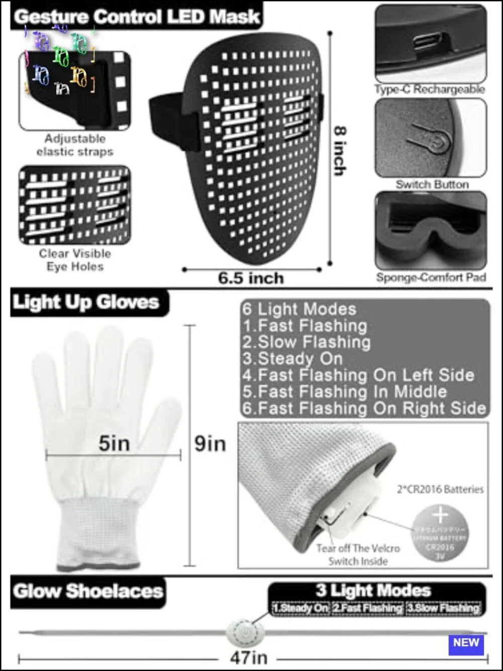 LED Light Up Halloween Mask Gloves Shoelaces Set for Kids Costume